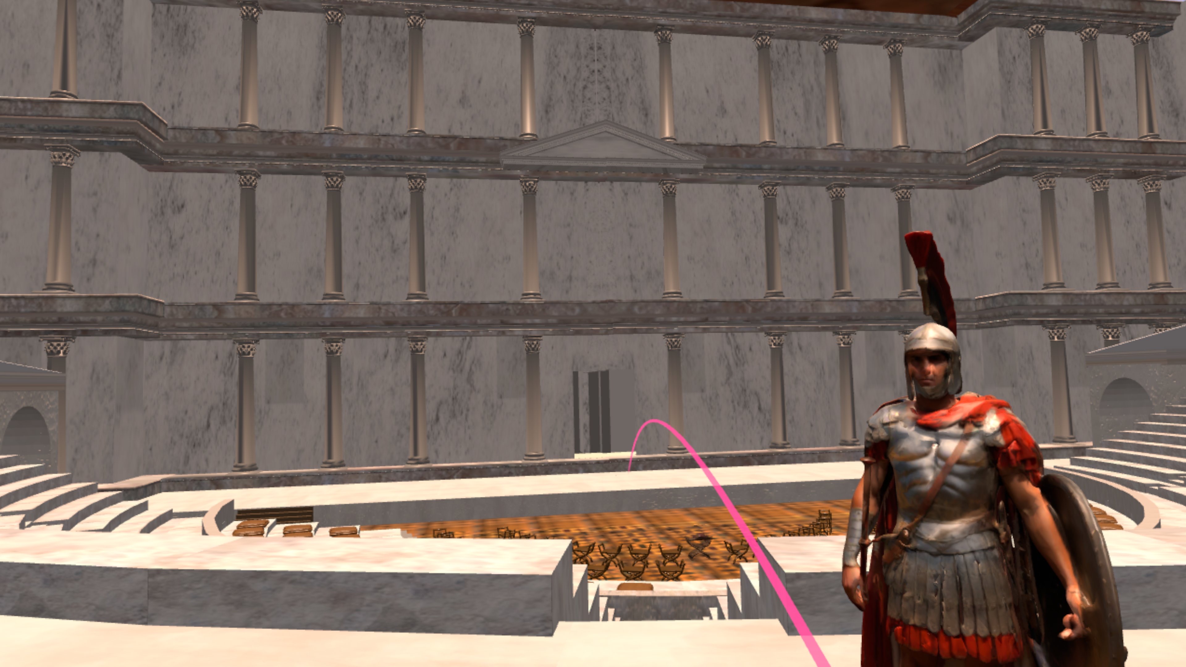 Roman soldier restricting access to seating areas in the theater