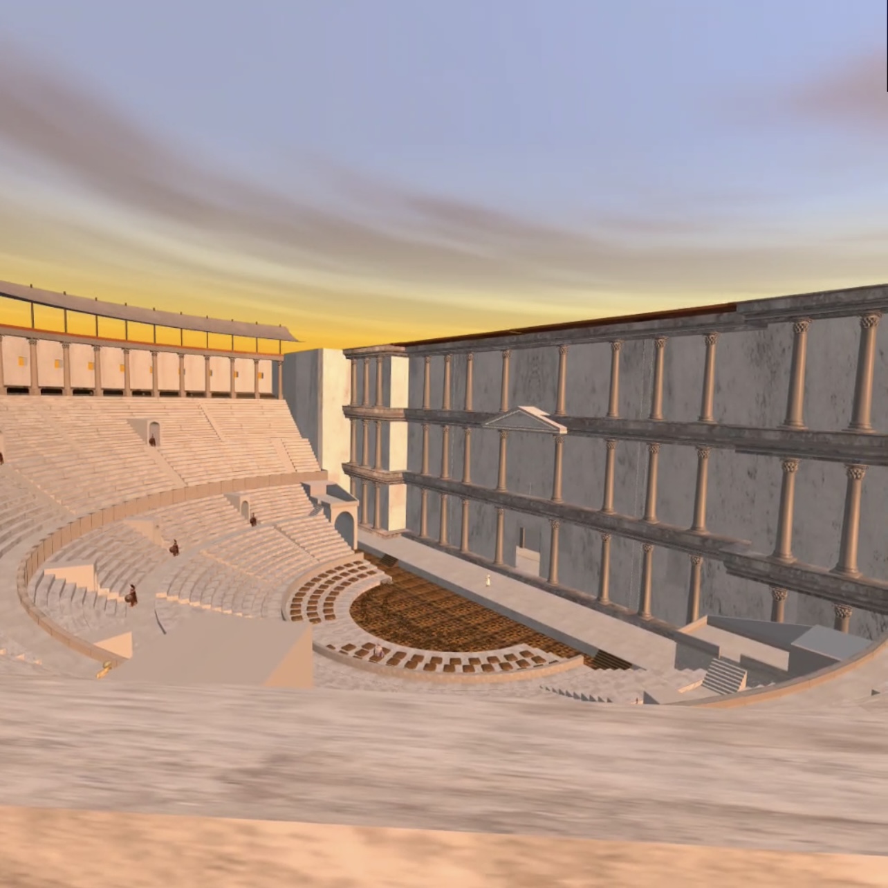Elevated view across the cavea and stage building at sunset