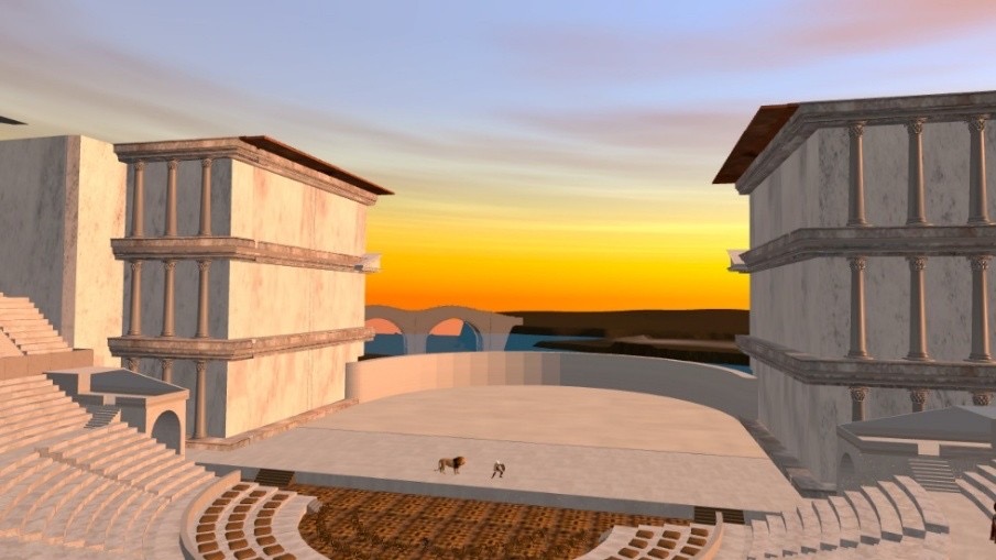 Sunset view from the cavea toward the theater stage and distant landscape