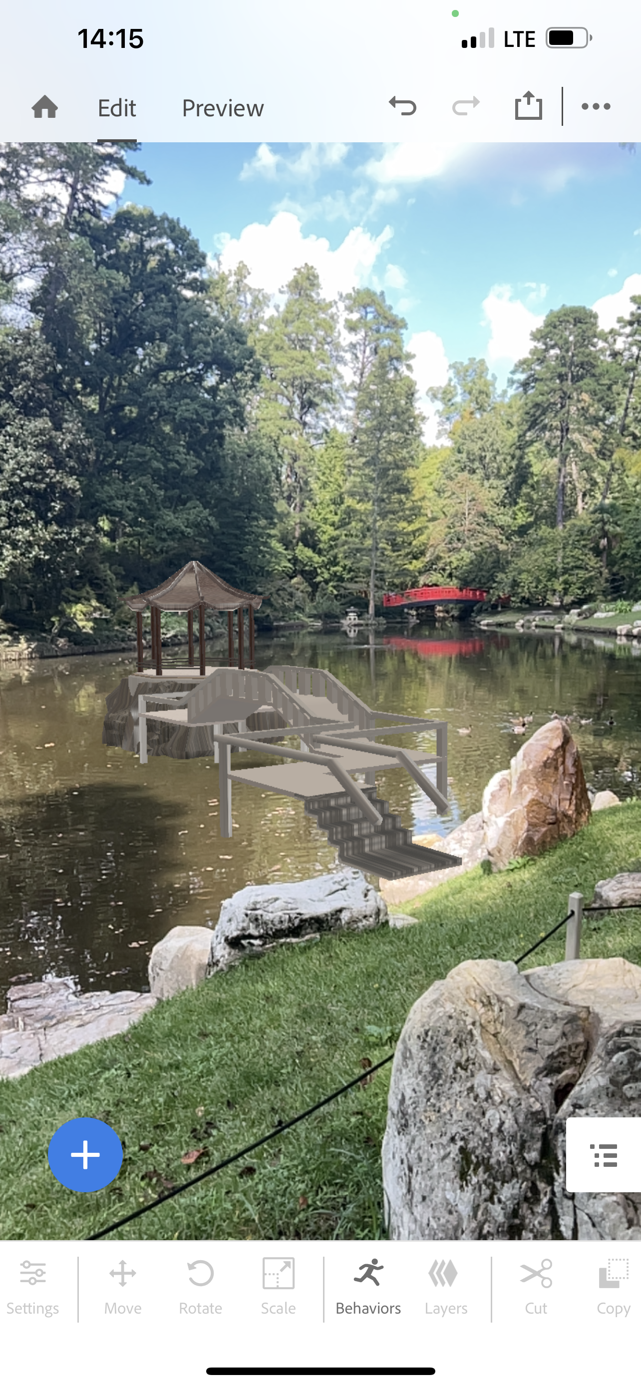Augmented-reality bridge and pavilion composition at Duke Gardens